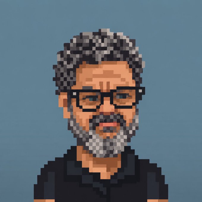 A pixel art portrait of a man with gray hair and a beard wearing glasses, set against a blue background.