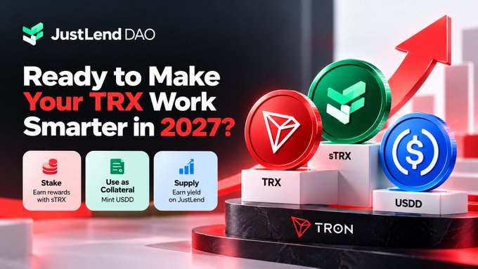 JustLend DAO advertisement with the headline 'Ready to Make Your TRX Work Smarter in 2027?', featuring 3D renderings of TRX, sTRX, and USDD tokens.