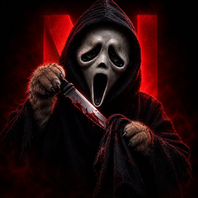 A horror-style figure in a black hood and white elongated screaming mask holds a blood-streaked knife against a dark red-lit background.