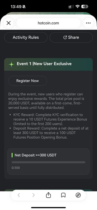 A screenshot from hotcoin.com showing an "Event 1 | New User Exclusive" campaign with a 20,000 USDT prize pool, offering a KYC reward of 10 USDT (limited to first 200 users) and a deposit reward of 100 USDT for new users depositing at least 300 USDT, which aligns with the post promoting simple earnings opportunities on the platform.