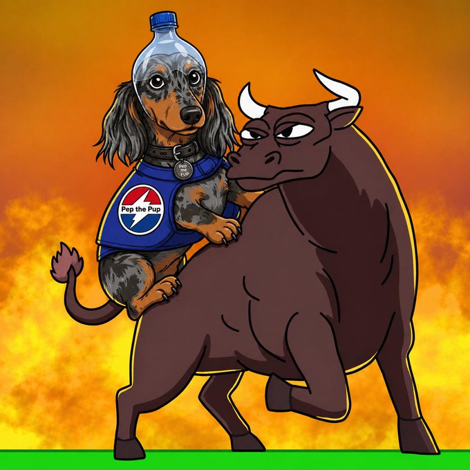 A cartoon illustration of a dachshund wearing a plastic bottle on its head and a blue 'Pep Pup' vest, riding on the back of a brown bull against a fiery orange background.