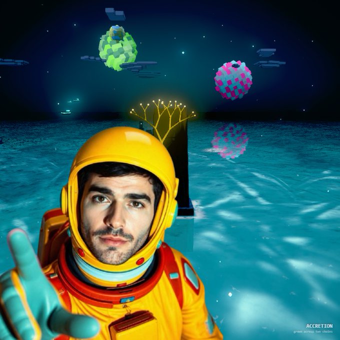 An astronaut in a yellow spacesuit points at the camera in a surreal digital artwork featuring pixelated planet-like shapes and a glowing tree over water, labeled 'ACCRETION green annulus - two children'.