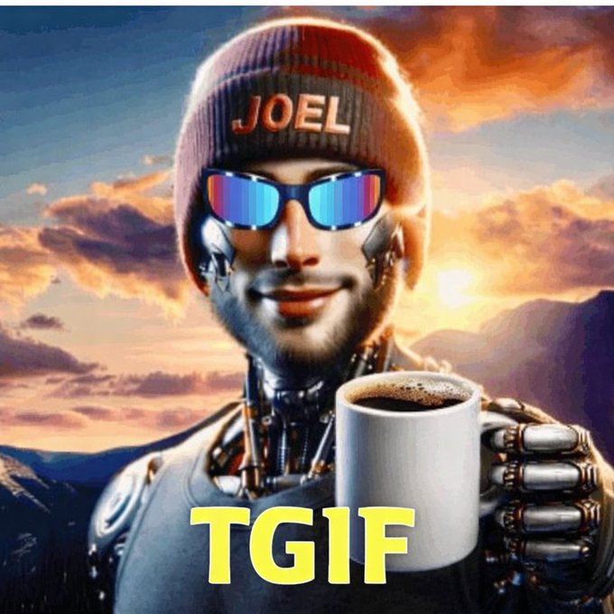A cyborg-style digital image showing a man wearing a beanie labeled 'JOEL' and blue-lensed sunglasses, holding a coffee mug with 'TGIF' written in yellow text at the bottom against a sunset mountain backdrop.
