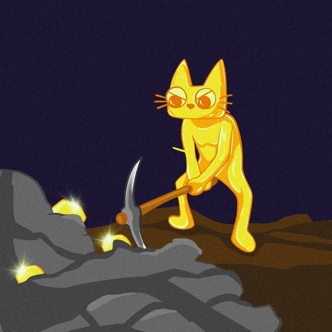 An illustrated golden cat character stands in a dark, rocky landscape wielding a pickaxe to mine glowing yellow gems.