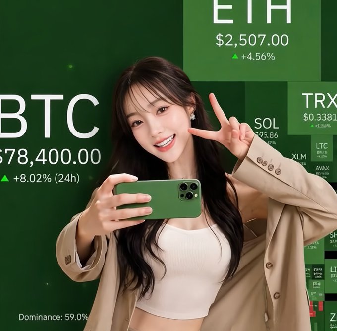 A smiling young woman takes a mirror selfie with her green phone while making a peace sign, set against a green background displaying cryptocurrency prices including BTC at $78,400.00 (+8.02%), ETH at $2,507.00 (+4.56%), and TRX at $0.3381, with 59.0% BTC dominance shown at the bottom—visually echoing the "GM" (good morning) crypto community greeting and the optimistic sentiment of patiently awaiting gains.