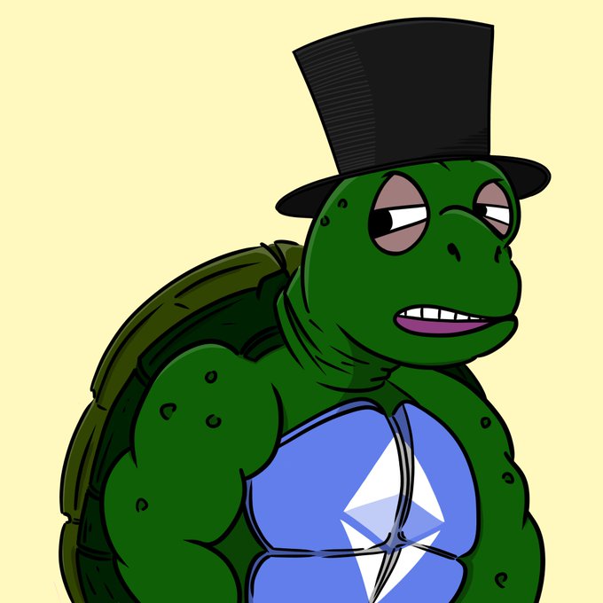 A cartoon illustration of a green anthropomorphic turtle wearing a black top hat and a blue shirt with a white geometric logo resembling the Ethereum symbol.