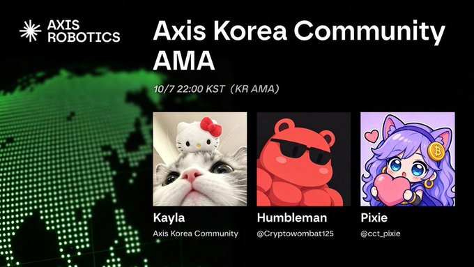 A promotional graphic announces an 'Axis Korea Community AMA' on 10/7 at 22:00 KST, featuring avatars and profiles for Kayla (Axis Korea Community), Humbleman (@Cryptowombat125), and Pixie (@cct_pixie).