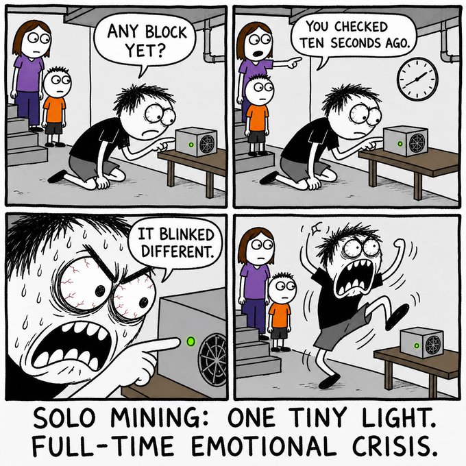 The image is a four-panel comic showing a man obsessively watching a tiny green light on a mining device, with his partner noting he just checked it ten seconds ago, culminating in him screaming "It blinked different" and panicking wildly, captioned "SOLO MINING: ONE TINY LIGHT. FULL-TIME EMOTIONAL CRISIS."

It relates to the "61/∞" post by humorously depicting the endless, obsessive vigilance of solo crypto mining—where miners constantly stare at a single indicator light, experiencing an infinite cycle of emotional highs and lows over minuscule changes in their hardware's activity.