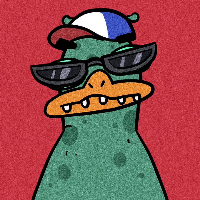 A cartoon illustration of a green alligator or crocodile wearing a white and blue baseball cap and black sunglasses against a red background.