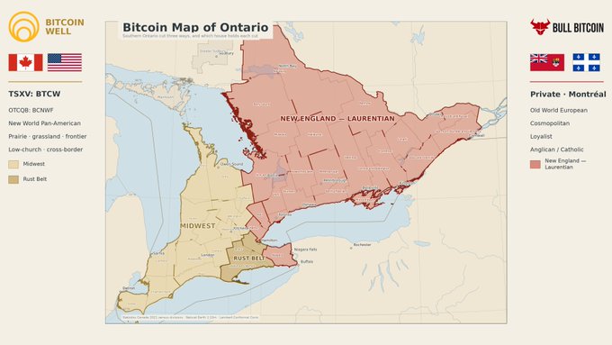 A 'Bitcoin Map of Ontario' infographic comparing Canadian (left) and American (right) cultural regions, with Canadian cultural areas (Prairie, Low-church, Rust Belt, Midwest) overlaid on the Ontario region.