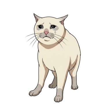 A cartoon illustration of a cream-colored cat with large, teary eyes and visible tear streaks, sitting with a sad, downturned expression. The image matches the post's mention of creating a "Cashcat" character, likely depicting the mascot looking distressed or as a humorous nod to the artist's frustration over burning 11 credits trying to perfect the artwork.