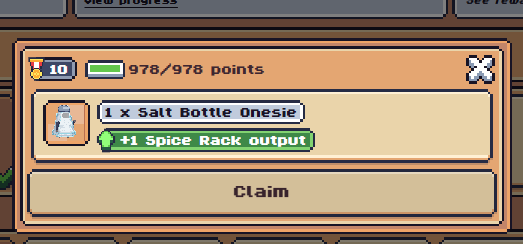A screenshot of a video game interface showing a reward popup for '1 x Salt Bottle Onesie' granting '+1 Spice Rack output', with a 'Claim' button below a 978/978 points meter.