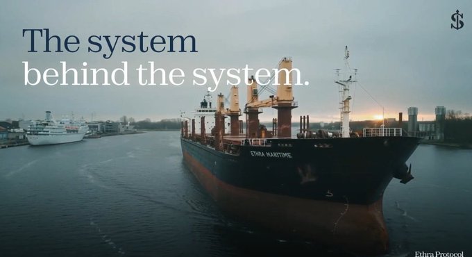 An aerial view of a large cargo ship labeled 'ETHRA MARITIME' sailing through a waterway at sunset, with the text 'The system behind the system.' overlaid and the Ethra Protocol logo in the corner.