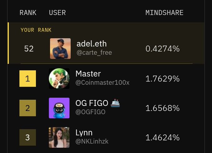 A leaderboard showing user rankings by 'MINDSHARE', with 'YOUR RANK' at #52 for 'adel.eth' (@carte_free) at 0.4274%, below top users 'Master' (@Coinmaster100x), 'OG FIGO' (@OGFIGO), and 'Lynn' (@NKLinhzk).