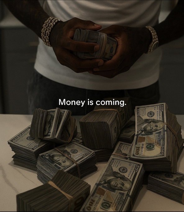 A person wearing diamond-encrusted watches holds stacks of $100 bills with the caption "Money is coming." overlaid on the image.