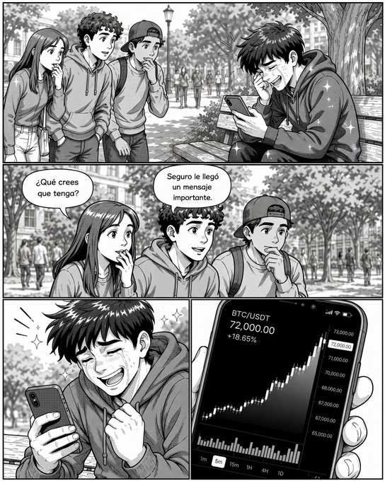 A manga-style comic shows a young man excitedly checking his phone after his friends ask him what's wrong, with a final panel displaying a BTC/USDT chart showing Bitcoin at 72,000.00 (+18.65%).