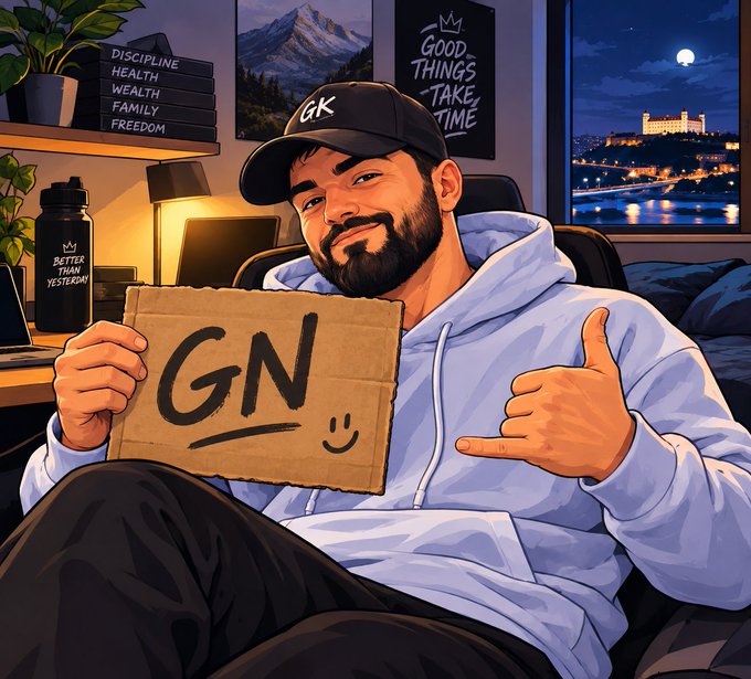 An illustrated cartoon of a bearded man in a white hoodie and 'GK' cap holding a cardboard sign reading 'GN' (Good Night) and giving a shaka sign, in a room with motivational wall art including 'DISCIPLINE HEALTH WEALTH FAMILY FREEDOM' and 'GOOD THINGS TAKE TIME'.