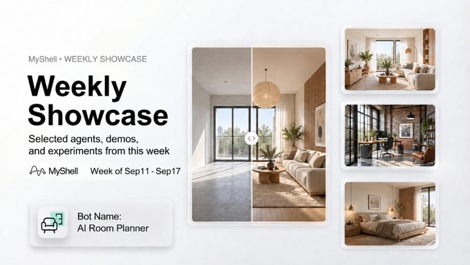A promotional graphic for a "MyShell WEEKLY SHOWCASE" featuring an AI Room Planner bot, displaying several images of interior design room layouts.