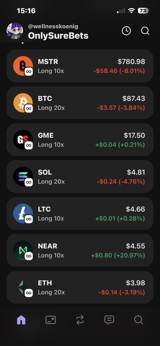 The image shows an iPhone screen displaying a list of cryptocurrency symbols, including Bitcoin, Etherium, and Litecoin. The text "ONLYSUREBET" can be seen at the top left corner of the screen. This suggests that the user is interested in investing or trading these cryptocurrencies.