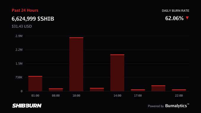 The image is a Shiba Inu (SHIB) burn rate chart from Shibburn showing 6,624,999 $SHIB ($31.43 USD) burned in the past 24 hours, with a 62.06% daily burn rate. The bar graph highlights peak burns at 10:00 and 14:00, confirming the 24-hour burn activity referenced in the post.