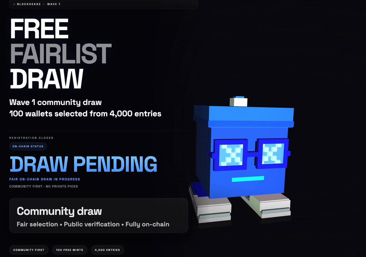 The image shows a poster for a Minecraft game called "Free Fairlist Draw" with a blue robot character as its main attraction. The poster includes text that encourages players to draw their own characters from the game's draw list, which currently contains 100 wallets selected from 4,000 entries. The poster also mentions a community draft and a fair share of mint ethash on chain.