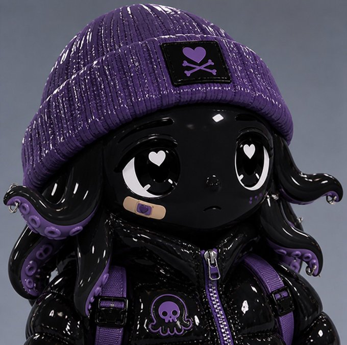 A glossy black designer art toy figure wearing a purple beanie with a heart/skull patch, a puffy black jacket with skull details, and a purple harness.