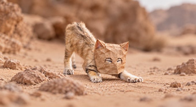 A sand cat stretches low to the ground in a rocky desert, wearing a faceted geometric mask that resembles cat meme art often shared in crypto communities. The image plays on the ticker $ZCAT—blending the playful "cat coin" meme culture with the barren, volatile terrain as a metaphor for navigating rugged market conditions alongside $SNDK.