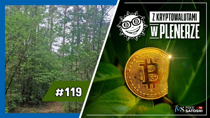 The image is a YouTube thumbnail for episode #119 of "Mike Satoshi - Z Kryptowalutami w Plenerze" (With Cryptocurrencies Outdoors), featuring a Bitcoin coin resting on green leaves beside a sunlit forest scene, with the post noting the episode covers Polish crypto community topics and analyzes whether the bear market bottom is near by comparing current sentiment to the end of 2018.
