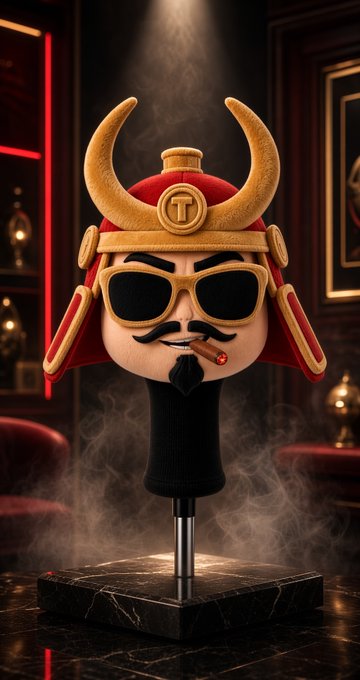 A 3D-rendered plush toy character wearing a golden horned samurai helmet with a 'T' logo, black sunglasses, a mustache and goatee, smoking a cigar, mounted on a black stand in a smoky, dimly lit room.