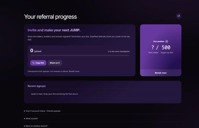 A 'Your referral progress' dashboard with a purple color scheme, showing 0 people joined, options to copy or share a referral link on X, and an unrevealed position rank (/500).