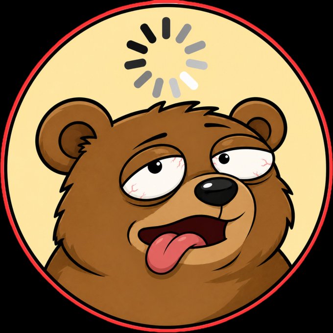 A cartoon illustration depicts a brown bear with bloodshot eyes and its tongue hanging out, with a loading symbol spinning above its head, set against a pale yellow circle with a red border.