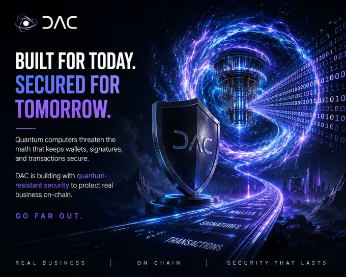 A promotional graphic with the text 'BUILT FOR TODAY. SECURED FOR TOMORROW.' featuring a shield with 'DAC' and a glowing quantum computer design, discussing quantum-resistant security.