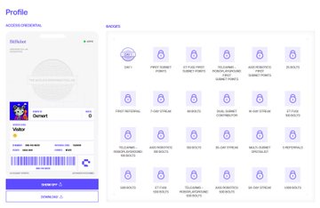The image shows a BitRobot user profile page displaying the user "Voltix" with a "CURRENT" badge, featuring an empty avatar, a barcode at the bottom, and a grid of badger badges with labels like "FIRST SUBMIT POINTS," "BONUS SUBMITTED," and "AXIS ROBOTICS AIRDROP QUALIFIER," among others. It corresponds to the post about earning bolts on BitRobot through the Axis × BitRobot event, highlighting a participant's profile and badges related to the airdrop activity.