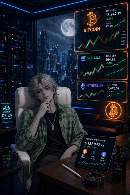 An anime-style illustration of a young man sitting in a futuristic room at night, surrounded by screens displaying cryptocurrency prices for Bitcoin (BTC/USD 68,247.19), Solana (SOL/USD 164.82), and Ethereum (ETH/USD 3,412.59), with a tablet showing a portfolio overview of $127,842.19.