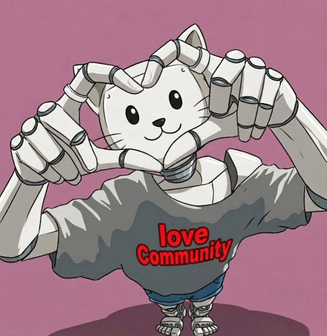 An illustration of a white cartoon cat whose body is made of grey metal robotic parts, forming a heart shape with its hands, wearing a grey shirt that reads "love Community" in red text against a pink background.