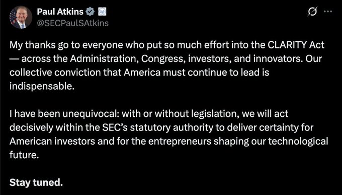 A tweet from Paul Atkins (@SECPaulSAtkins) thanking contributors to the CLARITY Act and emphasizing the SEC's commitment to acting decisively to support American investors and technological entrepreneurs.