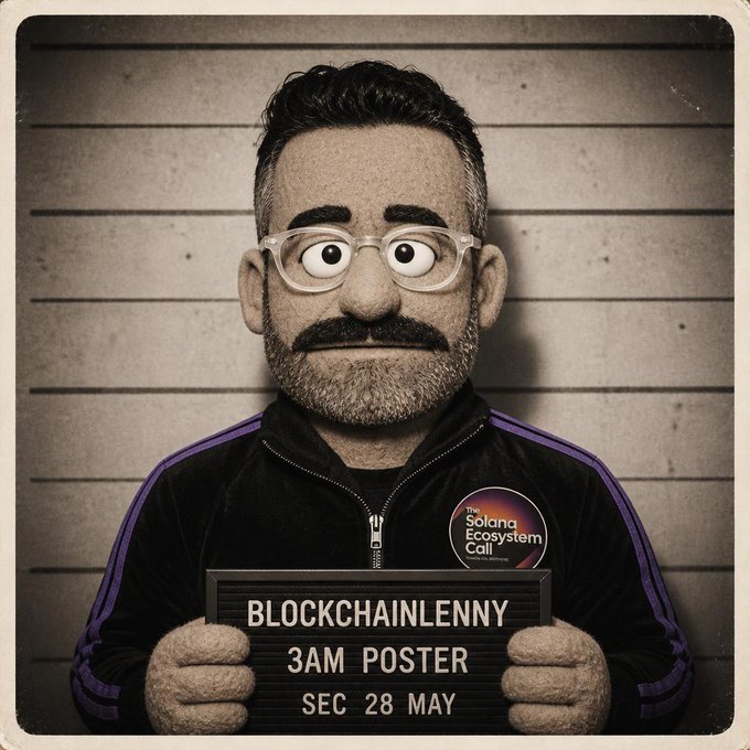 The image features a man dressed as a cartoon character, holding up a sign that says "Blockchainenny" with his hands. The man has a mustache and glasses, giving him a unique appearance. The background of the image shows a wall or a concrete surface, which complements the overall theme of the post. The caption below the image reads: "GM FAM! Solana'S Most Wanted. Just got muppified for this week'S Solana Ecosystem Call w/ @simon molitor Charge: tweeting at 3 am singapore time".