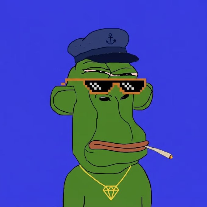 A digital illustration of a green Pepe-style cartoon monkey wearing pixelated 'deal with it' sunglasses, a blue captain's hat, a gold diamond pendant, and a cigarette, set against a solid blue background.