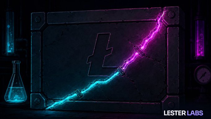 A dark fantasy artwork featuring a stone slab with a glowing lightning bolt symbol split between pink and cyan energy, branded 'LESTER LABS' with laboratory equipment on the sides.