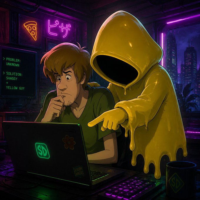 Shaggy from Scooby-Doo looks puzzled at a terminal displaying "PROBLEM: UNKNOWN, SOLUTION: SHAGGY + YELLOW GUY," while a dripping yellow-hooded figure points at the screen. The image playfully illustrates the post's call to grow the @motiontip community, using the "Shaggy + Yellow Guy" meme to suggest that joining the @tipmotion chat is the unknown solution to expanding the group.