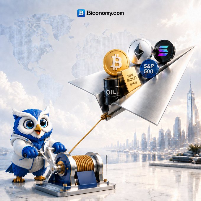A promotional graphic for Biconomy.com featuring a cartoon owl pulling a paper airplane carrying Bitcoin, Ethereum, Solana, S&P 500, oil, and a fine gold bar, set against a world map and city skyline.