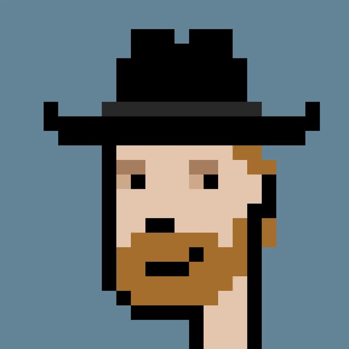 A pixel art portrait of a man with a beard wearing a wide-brimmed black hat against a solid blue-gray background.