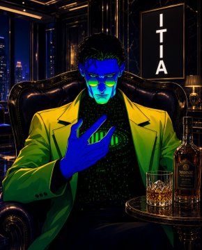 A stylized portrait of a man in a yellow blazer with blue skin and glowing green sunglasses, holding a green glowing orb, seated next to a glass of whiskey and a liquor bottle with 'ITA' visible in the background.