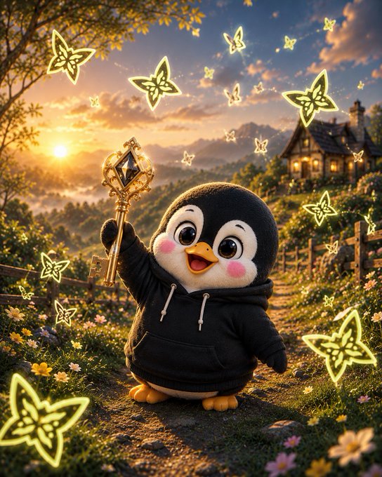 The image features a cute penguin standing on a path surrounded by flowers, with its arms raised high as if waving or holding something. The background of the image includes a sunset and butterflies, creating a serene atmosphere. The caption "Gm everyone new day, new focus. Stay consistent and keep moving step by step. small actions today still shape bigger results tomorrow." is related to the penguin's pose in the image, suggesting that consistency and patience are key factors for achieving success or reaching goals.