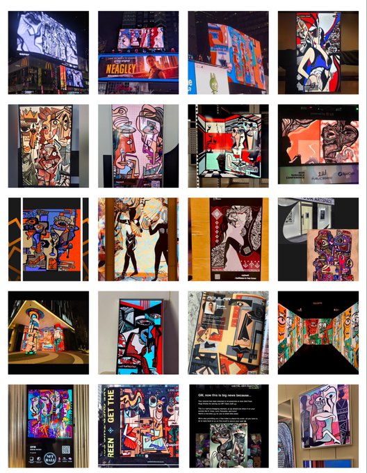 A collage of approximately twenty photographs showcasing various digital art installations and NFT displays displayed on billboards, screens, and frames in public spaces.