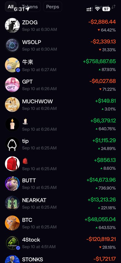 A screenshot of a mobile trading app interface displaying a list of crypto or stock tokens with their performance percentages, showing entries like 'ZDO', 'WSOLP', 'GPT', 'BTC', and 'STONKS' with various green and red profit and loss values.