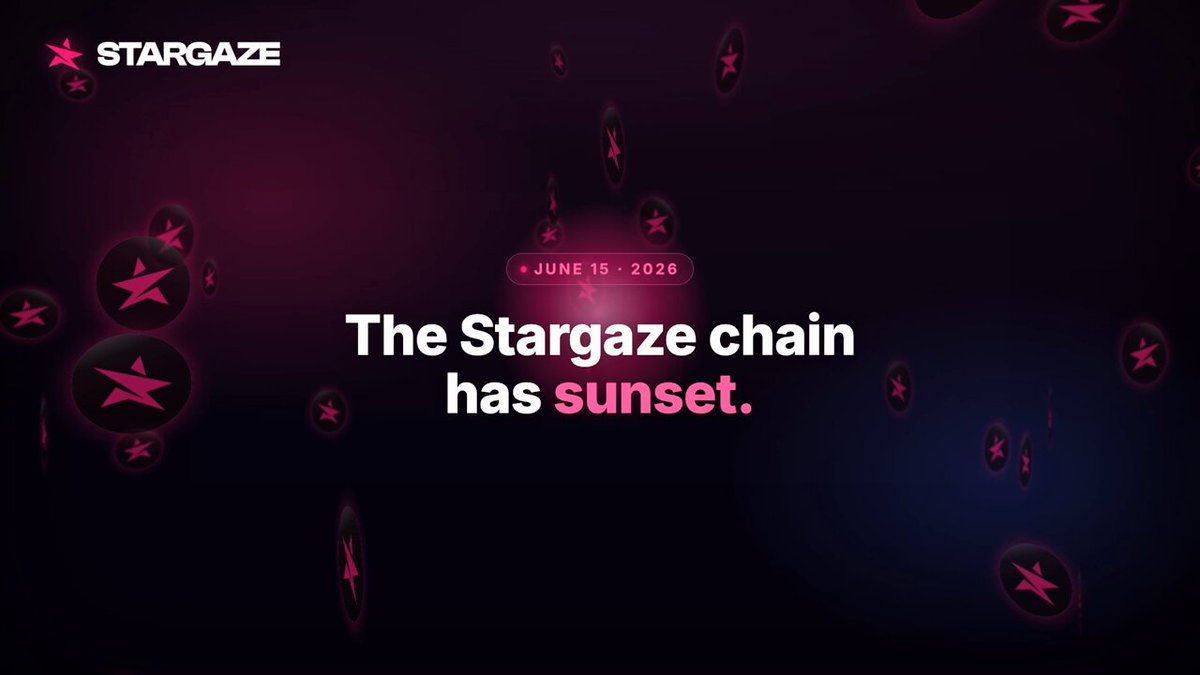 The image features a poster for the Star gaze website that displays a purple background with white text. The text reads "The Star gaze chain has sunset." Below this, there are pink stars floating around the words "@StargazeZone L1" in a circular pattern. The website is described as being natively on the Cosmos Hub and currently trading on @osmosis DEX.