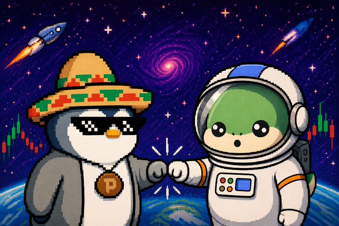 Two cartoon characters—a penguin with a sombrero and pixel sunglasses, and a green-headed figure in a spacesuit—fist bump against a starry space backdrop with rockets and candlestick charts.