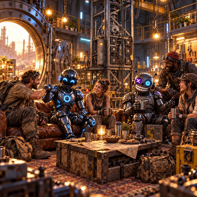 A detailed illustration showing two robots with glowing eyes and three humans gathered around a wooden table in a steampunk-style room, with metallic structures, hanging lights, and industrial decor.