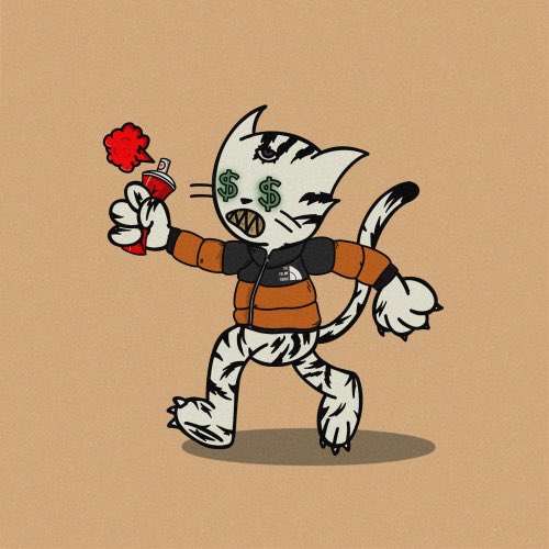 A cartoon tiger character with dollar signs for eyes holds a spray paint can, wearing an orange and black puffer jacket.
